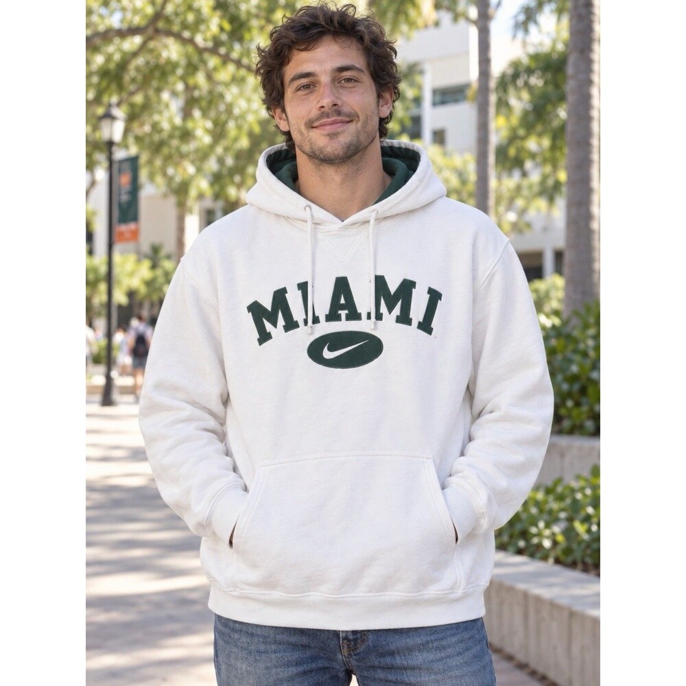 Nike Team Miami Hurricanes Hoodie Men’s XL White Green Pullover Sweatshirt